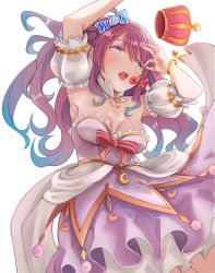 Rule 34 | 1girl, aonaga heri, arms up, blue eyes, blue hair, bracelet, breasts, candy hair ornament, cherry, cleavage, colored eyelashes, crescent, crown, detached sleeves, dress, food, food-themed hair ornament, frills, fruit, gradient hair, hair between eyes, hair ornament, heterochromia, himemori luna, himemori luna (1st costume), holding, holding food, holding fruit, hololive, jewelry, long hair, medium breasts, mini crown, multicolored hair, pink dress, pink eyes, pink hair, princess, puffy short sleeves, puffy sleeves, red ribbon, ribbon, short sleeves, simple background, solo, star (symbol), strapless, strapless dress, striped ribbon, swept bangs, two-tone hair, unworn headwear, virtual youtuber, white background