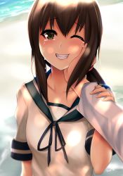 Rule 34 | 10s, 1boy, 1girl, ;d, admiral (kancolle), holding another&#039;s arm, artist name, beach, blue ribbon, blush, brown hair, collarbone, crying, crying with eyes open, dappled sunlight, fingernails, fubuki (kancolle), green eyes, grin, hair between eyes, hand on another&#039;s face, highres, holding own arm, kantai collection, long sleeves, looking at viewer, ocean, one eye closed, open mouth, outdoors, pov, pov hands, ribbon, sailor collar, sand, short sleeves, sleeve cuffs, smile, sunlight, tareme, tears, teeth, tony guisado, water