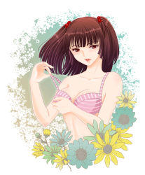 Rule 34 | 1girl, :p, aged up, bad id, bad pixiv id, bare shoulders, blunt bangs, bra, breasts, brown hair, cleavage, collarbone, eyelashes, female focus, flower, gradient hair, hair bobbles, hair ornament, highres, lingerie, lips, maison ikkoku, multicolored hair, plant, poko (dabohage), red eyes, short hair, short twintails, solo, striped, tongue, tongue out, twintails, underwear, white background, yagami ibuki