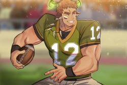Rule 34 | 1boy, american football, american football (object), animal ears, ball, bara, brk 603, brown hair, facial hair, fiery horns, forked eyebrows, glowing horns, goatee, highres, horns, large pectorals, male focus, manly, muscular, pectorals, rugby ball, rugby uniform, short hair, sideburns, smile, solo, sportswear, thick eyebrows, tokyo houkago summoners, upper body, wakan tanka