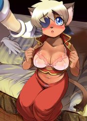 Rule 34 | 1boy, 1girl, alicia priss, ameyama denshin, animal ears, blush, bra, breasts, cat ears, cat tail, cleavage, dark skin, dyed bangs, eyepatch, gloves, unworn gloves, highres, large breasts, little tail bronx, midriff, multicolored hair, navel, open clothes, open shirt, out of frame, shirt, tail, tail concerto, two-tone hair, underwear, waffle ryebread