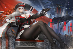 Rule 34 | 1girl, aircraft, airplane, alcohol, army, azur lane, banner, belt, black gloves, black pantyhose, breasts, cannon, cape, chair, cleavage, closed mouth, cross, cup, expressionless, flag, floating hair, fur-trimmed cape, fur trim, gloves, graf zeppelin (azur lane), hair between eyes, hand up, hat, holding, holding cup, iron cross, jacket, large breasts, light rays, long hair, military, military uniform, military vehicle, nazi flag, night, outdoors, pantyhose, peaked cap, pink eyes, pleated skirt, red eyes, red lips, rigging, searchlight, ship, sidelocks, silver hair, sitting, skirt, soldier, solo, turewindwalker, turret, uniform, very long hair, walking, warship, water, watercraft, white skirt, wind, wind lift, wine