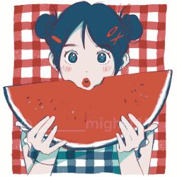 Rule 34 | 1girl, black hair, blush, checkered background, checkered clothes, checkered dress, double bun, dress, food, frilled dress, frills, fruit, hair bun, hair ornament, hairclip, highres, holding, looking at viewer, might117, original, red lips, sleeveless, sleeveless dress, solo, twitter username, upper body, watermark, watermelon, watermelon slice