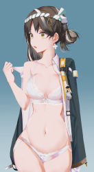 Rule 34 | 1girl, 2k14 chudong, absurdres, arknights, bare shoulders, black hair, black jacket, blue background, bra, breasts, chinese commentary, collarbone, commentary request, cowboy shot, gradient background, hachimaki, hand up, headband, highres, jacket, charm (object), long sleeves, looking to the side, magallan (arknights), magallan (shaved-ice memories) (arknights), medium breasts, multicolored hair, navel, nejiri hachimaki, official alternate costume, open clothes, open jacket, open mouth, panties, short hair, solo, standing, stomach, streaked hair, emperor (arknights), underwear, white bra, white hair, white panties, yellow eyes
