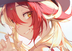 Rule 34 | + +, 1girl, alchemy stars, black hat, blonde hair, blush, charles (106858), gronru (alchemy stars), hand up, hat, long hair, looking at viewer, looking to the side, multicolored hair, open mouth, portrait, red hair, simple background, smile, solo, teeth, two-tone hair, white background, yellow eyes