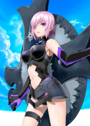 Rule 34 | 1girl, armor, cloud, day, elbow gloves, fate/grand order, fate (series), gloves, hair over one eye, impossible clothes, mash kyrielight, midriff, navel, parted lips, purple eyes, purple hair, shield, shirotsumekusa, short hair, solo