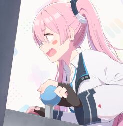 Rule 34 | 1girl, arcade cabinet, arcade stick, black gloves, blue archive, blue necktie, blush, blush stickers, collared shirt, commentary request, controller, fang, fingerless gloves, game controller, gloves, hair between eyes, hair ornament, highres, jacket, joystick, kakido (hatisaka28), koyuki (blue archive), long hair, long sleeves, necktie, open clothes, open jacket, open mouth, pink eyes, pink hair, profile, shirt, sidelocks, simple background, skin fang, solo, star-shaped pupils, star (symbol), sweatdrop, symbol-shaped pupils, twintails, upper body, white background, white jacket, white shirt, wing collar