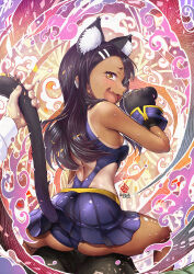 Rule 34 | 1boy, 1girl, animal ears, animal hands, ass, back cutout, black hair, blush, breasts, brown eyes, cat ears, cat tail, clothing cutout, competition school swimsuit, dark-skinned female, dark skin, earclip, extra ears, fang, from behind, gloves, hachiouji naoto, hair ornament, hairclip, highres, ijiranaide nagatoro-san, kanchiyo, kemonomimi mode, long hair, looking back, medium breasts, nagatoro hayase, one-piece swimsuit, one-piece tan, paw gloves, paw pose, pleated skirt, pov, pov hands, purple one-piece swimsuit, purple skirt, school swimsuit, sitting, sitting on lap, sitting on person, skin fang, skirt, solo focus, spread legs, sweatdrop, swimsuit, tail, tail grab, tan, tanline, wavy mouth, wedgie, wrist cuffs