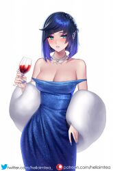 Rule 34 | 1girl, aqua eyes, areola slip, bare shoulders, blue dress, blue hair, blue nails, blunt bangs, bob cut, braid, breasts, cleavage, collarbone, commentary request, cowboy shot, cup, dress, drinking glass, eyeshadow, feather boa, genshin impact, helloimtea, highres, holding, holding cup, jewelry, looking at viewer, makeup, medium breasts, nail polish, necklace, off shoulder, parted lips, partial commentary, pink lips, short hair, simple background, sleeveless, sleeveless dress, solo, standing, strap slip, white background, wine glass, yelan (genshin impact)