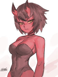 Rule 34 | 1girl, black choker, black leotard, breasts, brown hair, choker, cleavage, closed mouth, colored skin, commentary, cowboy shot, english commentary, horns, kidouko (zakusi), large breasts, leotard, looking at viewer, medium breasts, navel, oni, oni horns, original, red oni, red skin, short hair, signature, solo, white background, yellow eyes, zakusi