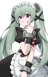 Rule 34 | 1girl, absurdres, apron, belt, black bow, black dress, black wristband, bow, chinese commentary, corin wickes, dress, green hair, green nails, hair between eyes, hand up, high belt, highres, long hair, maid apron, maid headdress, man man, parted lips, puffy short sleeves, puffy sleeves, purple eyes, short sleeves, simple background, solo, twintails, upper body, white background, zenless zone zero