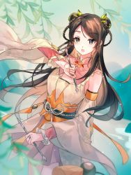 Rule 34 | 1girl, artist request, bare legs, brown hair, cleavage cutout, clothing cutout, detached sleeves, hair bun, hair ornament, hair rings, highres, huang rong (she diao ying xiong zhuan), leaf, leaf hair ornament, long hair, long sleeves, mountain, open mouth, sash, second-party source, she diao ying xiong zhuan, solo, water