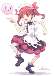 Rule 34 | 1girl, black footwear, blush, boots, clenched hand, commentary request, dress, full body, highres, kemurikusa, pink eyes, pointing, red hair, rina (kemurikusa), shadow, sleeveless, sleeveless dress, solo, speech bubble, standing, standing on one leg, suga masashi, translated, twintails, v-shaped eyebrows, watermark, web address, white background