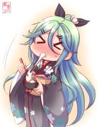Rule 34 | &gt; &lt;, 10s, 1girl, 2017, adapted costume, black ribbon, blush, bowl, chopsticks, commentary request, dated, eating, closed eyes, floral print, flower, food, green hair, hair between eyes, hair flower, hair ornament, hair ribbon, hairclip, highres, japanese clothes, kanon (kurogane knights), kantai collection, kimono, long hair, mochi, mushroom, new year, nose blush, ponytail, ribbon, signature, solo, standing, sweatdrop, wagashi, wide sleeves, yamakaze (kancolle), zouni soup