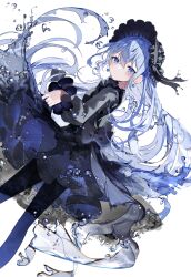 Rule 34 | 1girl, black dress, black headwear, blue eyes, blue hair, blue pantyhose, blush, bonnet, commentary request, dress, feet out of frame, frown, highres, light blue hair, liquid clothes, liquid hair, long hair, long sleeves, looking at viewer, original, pantyhose, sakizaki saki-p, signature, simple background, solo, water drop, white background