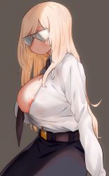 Rule 34 | 1girl, areola slip, belt, black skirt, blonde hair, blush, breasts, dress shirt, exhibitionism, expressionless, grey background, highres, invisible chair, kawaikochan, large breasts, long hair, necktie, nipple slip, nipples, one breast out, original, public indecency, shirt, signature, sitting, skirt, sunglasses, tinted eyewear