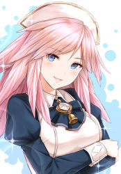 Rule 34 | 1girl, crossed arms, gabriel (granblue fantasy), granblue fantasy, head tilt, headdress, highres, long hair, long sleeves, looking at viewer, parted lips, pink hair, puffy long sleeves, puffy sleeves, smile, solo, sparkle, tomo (tmtm mf mf)
