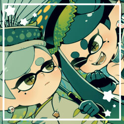 Rule 34 | 2girls, bare shoulders, black dress, black gloves, black hair, bow-shaped hair, callie (splatoon), cephalopod eyes, clenched hand, close-up, coat, collarbone, collared coat, commentary request, cup on head, dress, ear piercing, fangs, food, food on head, frown, gloves, gradient hair, green eyes, grey coat, grey hair, holding, holding umbrella, inkling, long hair, long sleeves, looking at another, lowres, marie (splatoon), multicolored hair, multiple girls, nintendo, object on head, oil-paper umbrella, one eye closed, open mouth, parted lips, piercing, pointy ears, potsupo, short hair, siblings, silver collar, silver earrings, sisters, sleeveless, sleeveless dress, smile, splatoon (series), splatoon 3, star (symbol), sushi, tentacle hair, umbrella, upper body