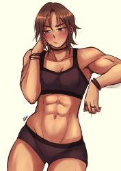 Rule 34 | 1girl, abs, absurdres, akiosketch, artist name, blush, breasts, brown eyes, brown hair, choker, commentary, cowboy shot, english commentary, hair between eyes, highres, muscular, muscular female, navel, original, short hair, shorts, simple background, small breasts, solo, sports bra, sweat, watermark