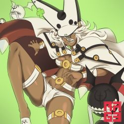 Rule 34 | 1girl, absurdres, belt bra, breasts, cape, dark skin, dark-skinned female, groin, guilty gear, guilty gear xrd, hat, highres, long hair, looking at viewer, muscular, muscular female, navel, orange eyes, ramlethal valentine, short shorts, shorts, simple background, smile, solo, thigh strap, white hair