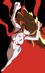 Rule 34 | 1girl, absurdres, arms up, artist request, blue eyes, breasts, brown hair, evangelion: 3.0+1.0 thrice upon a time, eyepatch, full body, highres, long hair, looking at viewer, neon genesis evangelion, plugsuit, rebuild of evangelion, simple background, solo, souryuu asuka langley, turtleneck, twintails, upper body
