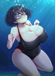 Rule 34 | 1girl, air bubble, black hair, black one-piece swimsuit, blue background, blush, breasts, bubble, clenched hands, closed mouth, collarbone, commentary request, commission, covered erect nipples, covered navel, foot out of frame, goggles, highres, holding breath, huge breasts, light rays, medium hair, one-piece swimsuit, original, pixiv commission, plump, red one-piece swimsuit, rolling eyes, solo, swimsuit, tatehiza makura, thick thighs, thighs, underwater