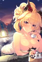 Rule 34 | 1girl, animal ear fluff, animal ears, backlighting, bare arms, bare shoulders, bathing, blonde hair, blush, braid, breasts, bucket, choko (cup), cleavage, closed mouth, collarbone, commentary request, copyright request, cow, cup, fox ears, highres, holding, holding cup, large breasts, long hair, looking at viewer, mizuyoukan (mikususannda), naked towel, night, night sky, onsen, outdoors, partially submerged, ponytail, red eyes, sky, smile, solo, tokkuri, towel, undersized animal, water, wooden bucket
