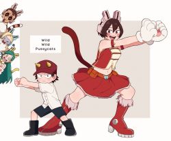 Rule 34 | 10s, 2boys, 3girls, animal ears, animal hands, armlet, bad id, bad twitter id, bare shoulders, boku no hero academia, boots, cat ears, cat paws, cat tail, child, closed eyes, crossdressing, facial mark, full body, hat, high heel boots, high heels, izumi kouta, mandalay (boku no hero academia), multiple boys, multiple girls, navel, peeking out, pixie-bob (boku no hero academia), ragdoll (boku no hero academia), short sleeves, shorts, simple background, skirt, sleeveless, smile, tail, tiger (boku no hero academia), whisker markings, white background