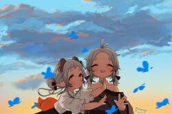 Rule 34 | + +, 2girls, :o, antenna hair, blue butterfly, blue sky, blush, bug, butterfly, closed eyes, cloud, cloudy sky, commentary request, grey hair, highres, insect, koebushi (mat), low twintails, monster girl, multiple girls, original, outdoors, pointy ears, short eyebrows, sky, sunset, thick eyebrows, twintails, upper body