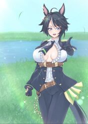 Rule 34 | 1girl, :d, ahoge, animal ears, belt, black hair, black jacket, black necktie, black pants, blue eyes, blue sky, breasts, brown belt, center frills, chain, cleavage, clenched hand, collared shirt, commentary request, cowboy shot, day, ear ornament, ear piercing, frilled shirt, frills, fuji kiseki (umamusume), glint, gloves, grass, hair between eyes, highres, horse ears, horse girl, horse tail, jacket, kidomonika, large breasts, long sleeves, looking at viewer, multicolored hair, necktie, open clothes, open jacket, open mouth, pants, partially unbuttoned, piercing, river, shirt, short hair, sidelocks, sky, smile, solo, standing, sweat, tail, textless version, umamusume, underbust, white hair, white shirt