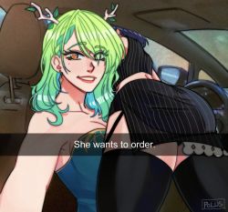 Rule 34 | 2girls, antlers, ass, braid, braided bangs, car interior, ceres fauna, drive-thru, english text, green hair, hair ornament, he wants to order (meme), hololive, hololive english, horns, long hair, looking at viewer, lying on person, meme, multicolored hair, multiple girls, ouro kronii, poluslus, rear-view mirror, selfie, skirt, snapchat, steering wheel, thighhighs, virtual youtuber, yellow eyes