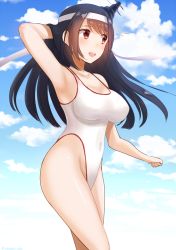 Rule 34 | 10s, 1girl, :d, arm up, armpits, artist name, bare arms, bare shoulders, black hair, blue sky, breasts, cloud, collarbone, competition swimsuit, covered navel, cowboy shot, day, eko, foreshortening, fusou (kancolle), groin, hairband, hand in own hair, headband, headgear, highleg, highleg swimsuit, kantai collection, large breasts, long hair, one-piece swimsuit, open mouth, red eyes, skin tight, sky, smile, solo, standing, summer, swimsuit, white one-piece swimsuit