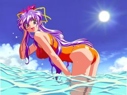 Rule 34 | 1990s (style), 1girl, artist request, ass, bent over, dancing blade, day, dripping, hand on own thigh, hand to head, long hair, momohime (dancing blade), official art, one-piece swimsuit, open mouth, orange one-piece swimsuit, outdoors, purple eyes, purple hair, retro artstyle, solo, sun, swimsuit, wading, water, wet