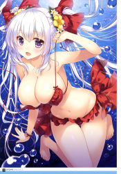 Rule 34 | 1girl, :d, absurdres, arm up, armpits, artist name, bare legs, bare shoulders, barefoot, bikini, blush, bow, bracelet, breasts, cleavage, collarbone, covered erect nipples, day, dengeki moeou, eyes visible through hair, fingernails, flower, framed image, frilled bikini, frills, gluteal fold, groin, hair between eyes, hair bow, hair flower, hair ornament, highres, holding, jewelry, knees together feet apart, large breasts, long hair, looking at viewer, navel, official art, open mouth, original, outdoors, page number, pearl bracelet, purple eyes, red bikini, red bow, red frills, red ribbon, ribbon, scan, shigunyan, side-tie bikini bottom, skindentation, smile, solo, sparkle, sunlight, swimsuit, thigh gap, toenails, tongue, twintails, underwater, undressing, untied bikini, untied bikini top, water drop, white hair, wrist ribbon, yellow flower