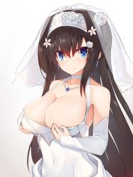 Rule 34 | 1girl, absurdres, arm warmers, blue eyes, blush, braid, breasts, brown hair, cleavage, covered navel, dress, flower, hair flower, hair ornament, highres, jewelry, large breasts, long hair, looking at viewer, necklace, rinne (sennen sensou aigis), see-through, sennen sensou aigis, standing, veil, very long hair, white background, white dress