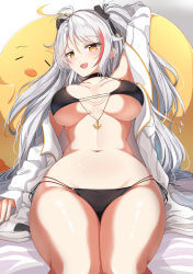 Rule 34 | 1girl, :d, absurdres, antenna hair, arm up, azur lane, bare shoulders, bed sheet, bikini, black bikini, blush, breasts, breasts apart, collarbone, feet out of frame, hair between eyes, highres, jacket, large breasts, long hair, long sleeves, looking at viewer, lying, manjuu (azur lane), moyoron, multicolored hair, navel, off shoulder, on back, open clothes, open jacket, open mouth, orange eyes, prinz eugen (azur lane), prinz eugen (unfading smile) (azur lane), red hair, silver hair, sleeves past wrists, smile, solo, streaked hair, swimsuit, two side up, very long hair, white jacket