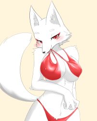 Rule 34 | 1girl, animal ears, bare shoulders, beige background, bikini, blush, breasts, character request, cleavage, collarbone, covered erect nipples, female focus, fox ears, fox tail, furry, furry female, half-closed eyes, highres, large breasts, looking at viewer, mouth hold, navel, open mouth, red bikini, red eyes, simple background, skindentation, solo, standing, swimsuit, tail, xan (xan0712)
