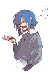 Rule 34 | 1girl, ?, blood, blood on clothes, blood on face, blood on hands, blue hair, bocchi the rock!, commentary, earrings, grey shirt, hashtag-only commentary, highres, jewelry, layered sleeves, long sleeves, looking at viewer, shinota12, shirt, short hair, short over long sleeves, short sleeves, solo, spoken question mark, stud earrings, upper body, yamada ryo, yellow eyes