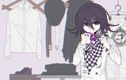 Rule 34 | 1boy, black hair, black hat, black pants, checkered clothes, checkered scarf, commentary request, danganronpa (series), danganronpa v3: killing harmony, hair between eyes, hands up, hat, highres, holding, holding scissors, jacket, long sleeves, looking at viewer, lysm425, male focus, oma kokichi, pants, purple eyes, scarf, scissors, shirt, shoes, short hair, solo, spot color, straitjacket, table, unworn hat, unworn headwear, unworn jacket, unworn pants, unworn shirt, upper body, white jacket, white pants, white shirt