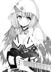 Rule 34 | 1girl, aito (indigorabbit), bang dream!, bass guitar, blush, breasts, choker, cleavage, closed mouth, cowboy shot, ghost costume, greyscale, hood, hood up, instrument, large breasts, lock, looking at viewer, low twintails, medium hair, monochrome, short twintails, simple background, smile, solo, twintails, uehara himari, white background