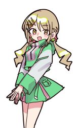 Rule 34 | 1girl, :d, brown hair, cowboy shot, cropped jacket, denonbu, green jacket, green skirt, hair between eyes, hair ornament, hairclip, high collar, highres, jacket, kayano futaba, long hair, long sleeves, looking at viewer, low twintails, open mouth, pleated skirt, simple background, skirt, smile, solo, standing, tsuzutsu, twintails, white background, x hair ornament, yellow eyes