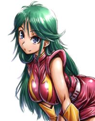 Rule 34 | 1girl, amania orz, belt, blue eyes, breasts, choudenji robo combattler v, closed mouth, gloves, green hair, large breasts, long hair, looking at viewer, nanbara chizuru, pilot suit, simple background, skin tight, smile, solo, white background