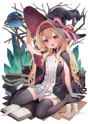 Rule 34 | 1girl, :d, arm up, armpit crease, banned artist, bare arms, black dress, black headwear, black thighhighs, book, book stack, candle, cape, dress, flat chest, gloves, hairband, hat, highres, little witch nobeta, no shoes, nobeta, official art, open mouth, parsley-f, short dress, sitting, sleeveless, sleeveless dress, smile, solo, staff, thighhighs, wariza, white gloves, witch hat, zettai ryouiki