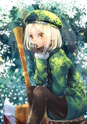 Rule 34 | 1girl, axe, beret, black pantyhose, blonde hair, blood, brown eyes, commentary request, fate/grand order, fate (series), feet out of frame, flower, gloves, green hat, green jacket, grey gloves, hat, jacket, kabutoyama, looking at viewer, pantyhose, parted bangs, paul bunyan (fate), sitting, solo, tree, tree stump, white flower
