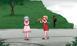 Rule 34 | 2girls, ascot, bat wings, blonde hair, blouse, blue hair, brooch, closed mouth, covering own ears, crystal, day, flandre scarlet, full body, hands up, highres, holding, holding instrument, instrument, jewelry, mary janes, medium hair, medium skirt, meme, multiple girls, music, no headwear, outdoors, pink shirt, pink skirt, playing instrument, pointy ears, puffy short sleeves, puffy sleeves, red footwear, red skirt, red vest, remilia scarlet, shirt, shoes, short hair, short sleeves, siblings, side ponytail, sisters, skirt, skirt set, socks, touhou, trumpet, trumpet boy (meme), vest, walking, wings, wrist cuffs, yellow ascot, yoruny