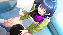 Rule 34 | 1girl, 1other, bed, blue hair, blush, bottomless, breasts, carpet, cunnilingus, embarrassed, female ejaculation, female orgasm, from above, game cg, groin, hand on another&#039;s head, headphones, holding, holding paper, indoors, jacket, kneeling, koe ni koi shite koikogare!, legs, legs apart, long hair, medium breasts, no panties, oekakizuki, open mouth, oral, orgasm, original, paper, pink eyes, pussy juice, standing, thighs, yunami akari