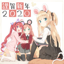 Rule 34 | 3girls, :d, animal ear fluff, animal ears, black dress, black hairband, black legwear, black ribbon, blonde hair, blush, brown hair, cat ears, cat girl, cat tail, chinese zodiac, closed mouth, collared shirt, commentary request, drawing tablet, dress, fake animal ears, fang, green eyes, grey skirt, hair ribbon, hairband, hazuki watora, highres, holding, holding stylus, hood, hood down, hoodie, jacket, kani biimu, kneeling, knees up, long hair, long sleeves, minazuki sarami, mouse ears, mouse girl, mouse tail, multiple girls, no shoes, one side up, open mouth, original, panties, parted bangs, pink hoodie, pleated skirt, purple eyes, red hair, red jacket, ribbon, shimotsuki potofu, shirt, sitting, skirt, sleeveless, sleeveless dress, sleeves past wrists, smile, stylus, tail, thighhighs, twintails, underwear, v-shaped eyebrows, very long hair, wavy mouth, white legwear, white panties, white shirt, year of the rat