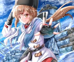 Rule 34 | 1girl, belt, black belt, black bow, black gloves, black hat, blouse, blue shawl, blue sky, bow, brown eyes, brown hair, cannon, day, fingerless gloves, fur hat, gloves, hat, highres, jacket, kantai collection, kentan (kingtaiki), long hair, low twintails, outdoors, papakha, red shirt, rigging, russian clothes, scarf, shawl, shirt, sky, smile, solo, tashkent (kancolle), torn clothes, torn scarf, torpedo tubes, turret, twintails, untucked shirt, white jacket, white scarf