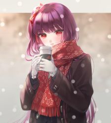 Rule 34 | 1girl, black coat, blush, coat, coffee cup, cup, disposable cup, duffel coat, enpera, girls&#039; frontline, gloves, hair ornament, hair ribbon, half updo, holding, holding cup, long hair, looking at viewer, official alternate costume, open mouth, purple hair, red eyes, red ribbon, red scarf, ribbon, scarf, simple background, snowflake hair ornament, snowflake print, solo, upper body, urano ura, very long hair, wa2000 (date in the snow) (girls&#039; frontline), wa2000 (girls&#039; frontline), white gloves, winter clothes, winter coat