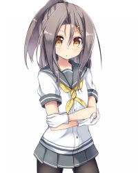 Rule 34 | 10s, 1girl, amano kouki, black pantyhose, brown hair, cosplay, crossed arms, gloves, grey skirt, hair ornament, hairclip, hamakaze (kancolle), hamakaze (kancolle) (cosplay), highres, kantai collection, looking at viewer, neckerchief, pantyhose, pleated skirt, ponytail, sailor collar, school uniform, serafuku, silver hair, simple background, skirt, solo, white background, white gloves, yellow neckerchief, zuihou (kancolle)